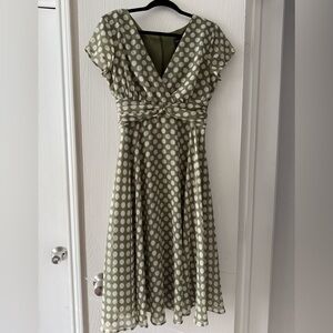 Connected Apparel Olive and White Polka Dot Midi Dress